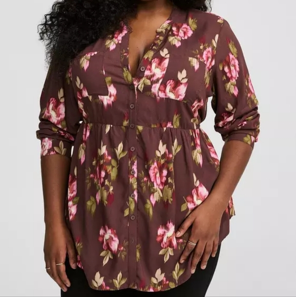 torrid Tops - Torrid Size 0 Emma Babydoll Challis Button Up Tunic Top Blair Floral